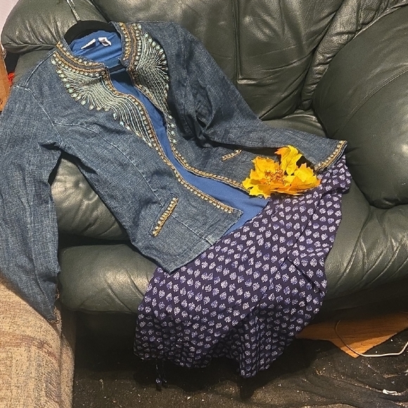 Chico'sTrio:Angelwing Tourquise Beaded Denim Jacket / Blouse/Pattern Pant - Picture 1 of 12
